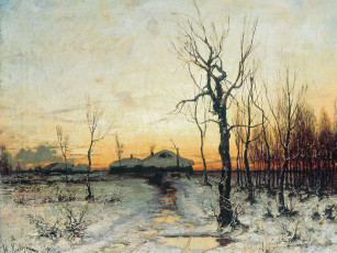 Картинка юлий клевер рисованные деревня село дома деревья снег лужи проталины