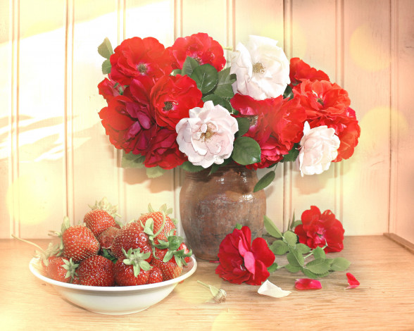 Обои картинки фото еда, натюрморт, розы, ягоды