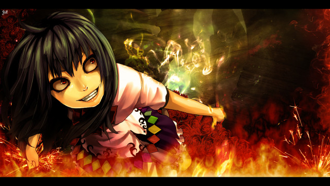 Обои картинки фото аниме, touhou, огонь, безумие, девушка, демон