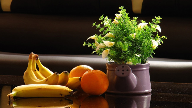 Обои картинки фото еда, натюрморт, апельсины, бананы, цветы