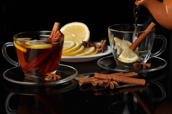 Обои картинки фото еда, напитки, Чай, корица, чашки, лимон, чай