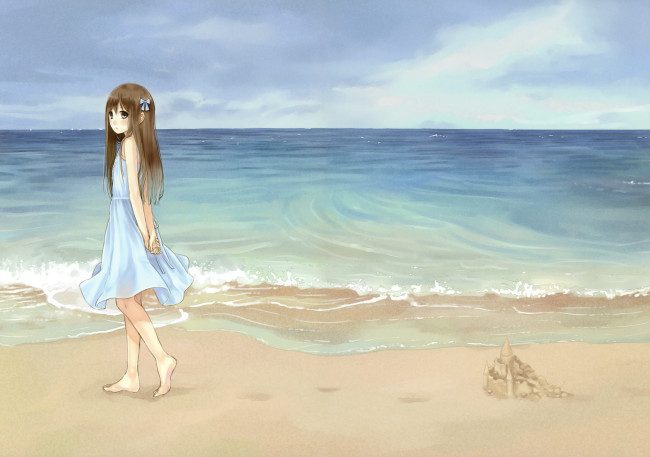 Обои картинки фото аниме, *unknown, другое, девушка, пляж, море