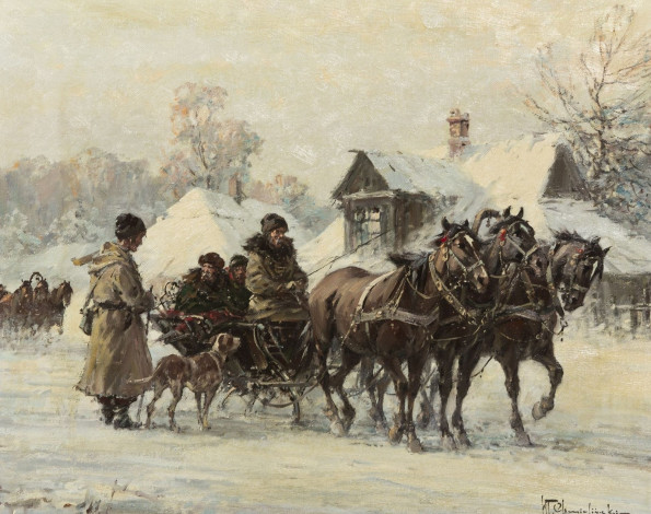 Обои картинки фото рисованные, wladyslaw, chmielinski, зима, деревня, тройка