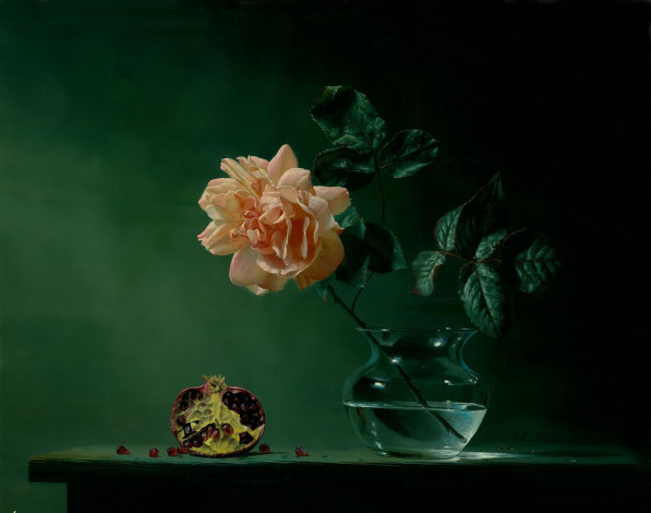 Обои картинки фото рисованные, алексей, антонов, роза, и, гранат, натюрморт