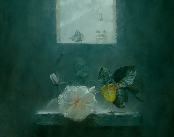 Обои картинки фото рисованные, алексей, антонов, роза, у, окна, бабочка