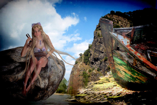 Обои картинки фото 3д, графика, people, люди, lorelei, камень, горы, река