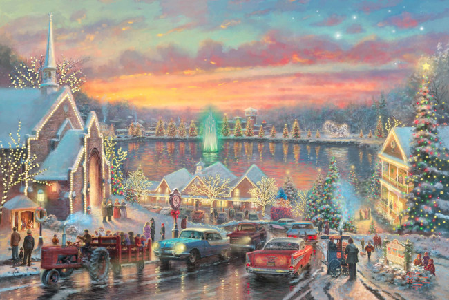 Обои картинки фото the, lights, of, christmastown, рисованные, thomas, kinkade, люди, рождество, северная, каролина, городок, автомобиль, елка