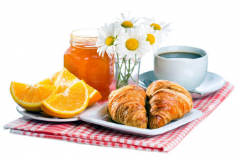 Картинка еда разное кофе круассаны апельсин варенье ромашки
