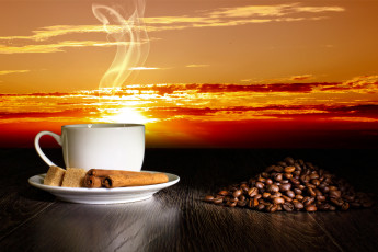 Картинка еда кофе +кофейные+зёрна закат корица зерна сахар