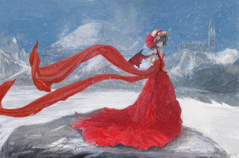 Картинка by+magician аниме touhou горы замок снег зима девушка remilia scarlet крылья красное платье демон