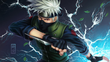 обоя аниме, naruto, solo, hatake, kakashi, перчатки, листья, шрам, иероглиф