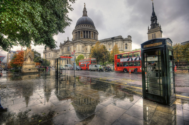 Обои картинки фото london,  st paul`s cathedral, города, лондон , великобритания, будки, трасса, собор, площадь