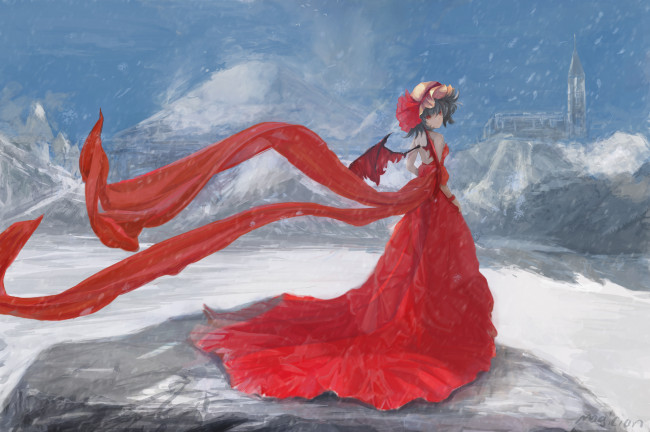 Обои картинки фото by magician, аниме, touhou, горы, замок, снег, зима, девушка, remilia, scarlet, крылья, красное, платье, демон