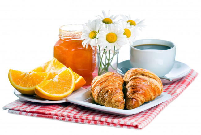 Обои картинки фото еда, разное, кофе, круассаны, апельсин, варенье, ромашки