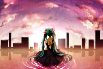 Картинка аниме vocaloid закат город девушка арт hatsune miku