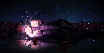 Картинка аниме mahou+shoujo+madoka+magika девушка арт огоньки звёздное небо ночь maredoro akuma homura вода mahou shoujo madoka magica цветы akemi розы