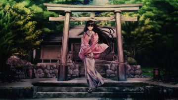обоя аниме, black lagoon, оружие, катана, очки, roberta, девушка, храм, кимоно
