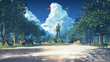 Картинка рисованное города деревья площадь arsenixc флаги памятник
