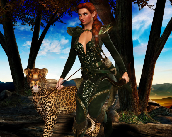 Обои картинки фото 3д графика, эльфы , elves, эльфийка, взгляд, фон, рыжая, леопард