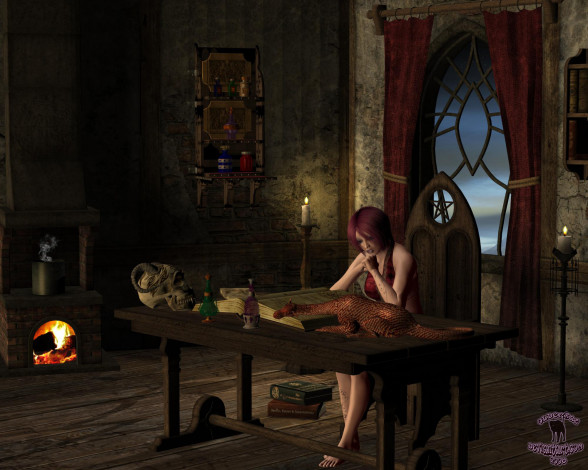Обои картинки фото 3д графика, фантазия , fantasy, девушка, взгляд, стол, книга, дракон, камин, свечи, череп