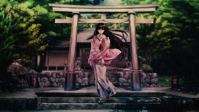 Обои картинки фото аниме, black lagoon, оружие, катана, очки, roberta, девушка, храм, кимоно
