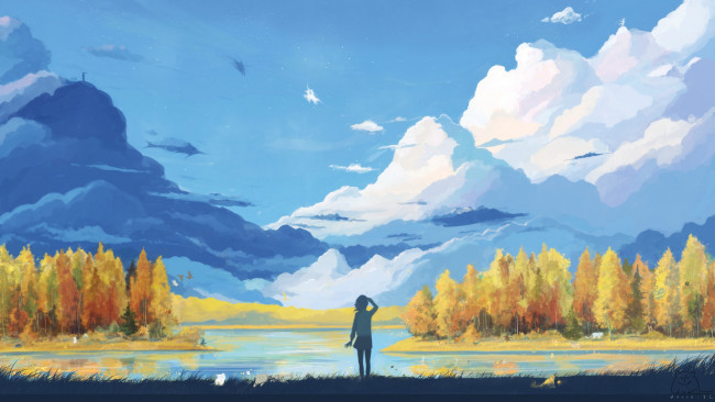 Обои картинки фото аниме, unknown,  другое, кошки, птицы, река, девушка, арт, пейзаж, arsenixc, осень, деревья, небо, облака, трава