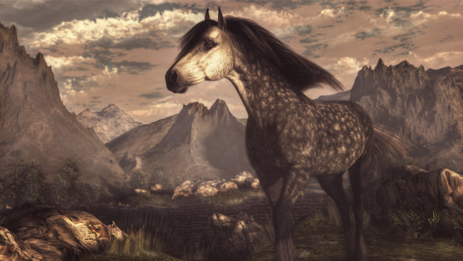 Обои картинки фото рисованное, животные,  лошади, лошадь, горы