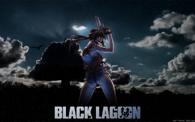 Обои картинки фото аниме, black lagoon, птица, небо, дерево, облака, оружие, пистолет, девушка, revy, дождь