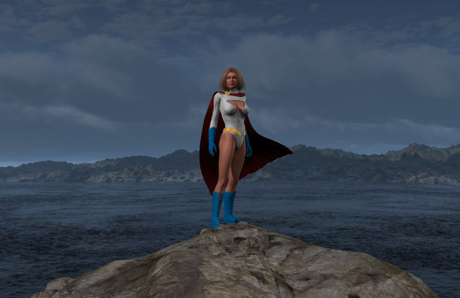 Обои картинки фото supergirl, 3д графика, фантазия , fantasy, взгляд, супермен, девушка, озеро, накидка, горы