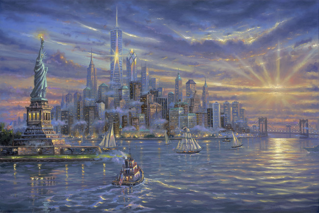 Обои картинки фото рисованное, живопись, здания, нью-йорк, статуя, свободы, небоскрёбы, корабли, парусники, new, york, freedom, tower, robert, finale, море, яхты, залив, облака, небо, закат, вечер