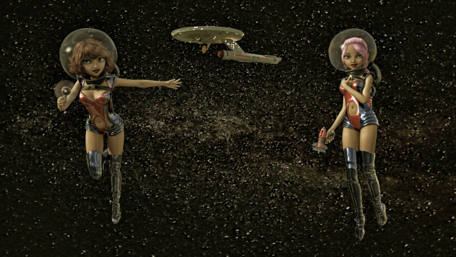 Обои картинки фото 3д графика, фантазия , fantasy, космический, корабль, девушки, звезды, вселенная, полет, фон, взгляд