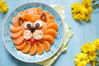 Картинка еда салаты +закуски для детей рожица льва мандарина цветы дольки оладушек