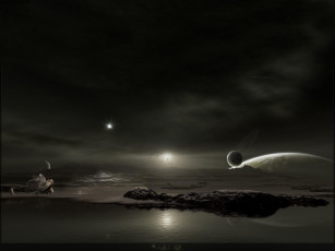 Картинка космос арт небо поверхность планеты озера камни корабль