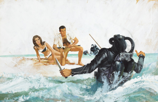 Обои картинки фото рисованное, кино, оружие, джеймс, бонд, девушка, нож, аквалангисты, море