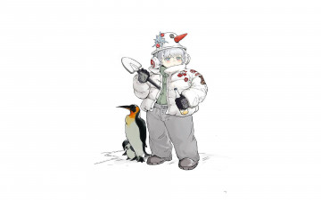 Картинка аниме животные +существа девочка пингвины лопатка бутылка