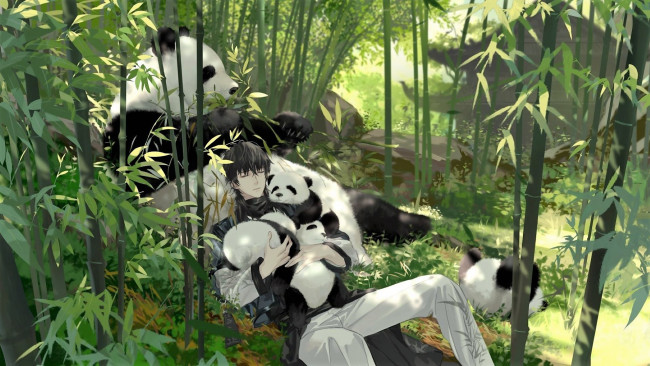 Обои картинки фото аниме, животные,  существа, парень, бамбук, панды