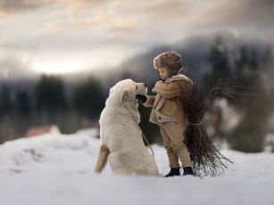 Картинка разное дети ребенок хворост собака снег