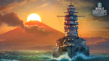 обоя видео игры, world of warships, корабль, море, гора, закат, солнце