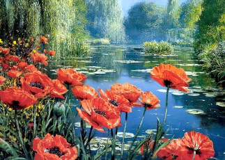Картинка рисованное цветы лес озеро маки