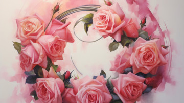 обоя рисованное, цветы, розы, круг, розовые, живопись, композиция, имитация, живописи, ии-арт