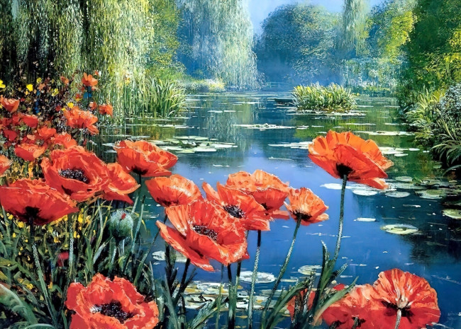 Обои картинки фото рисованное, цветы, лес, озеро, маки