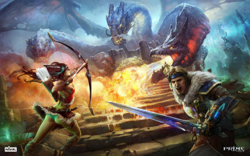 Картинка prime world видео игры лучница девушка дракон лук амазонка меч лестница рыцарь огонь