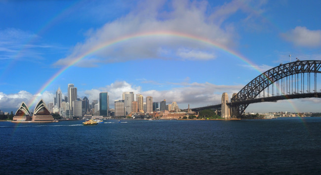 Обои картинки фото города, сидней , австралия, небо, радуга, архитектура, здания, мост, вода