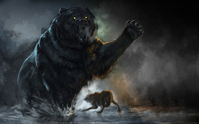 Обои картинки фото медведь, фэнтези, существа, bear, сражение, волк
