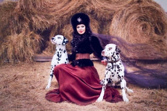 Картинка девушки -unsort+ брюнетки +шатенки вуаль собаки сено девушка брюнетка шапка далматинцы
