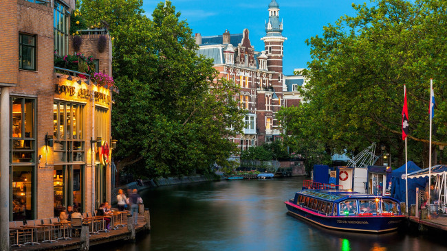 Обои картинки фото города, амстердам , нидерланды, катер, канал