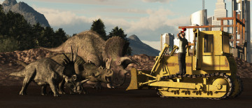 Картинка 3д+графика фантазия+ fantasy мужчина взгляд фон трактор горы динозавры