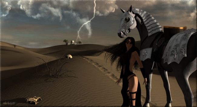 Обои картинки фото 3д графика, фантазия , fantasy, черепа, молния, пустыня, лошадь, фон, взгляд, девушка