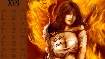 Картинка календари фэнтези пламя девушка оружие огонь
