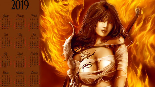 Обои картинки фото календари, фэнтези, пламя, девушка, оружие, огонь